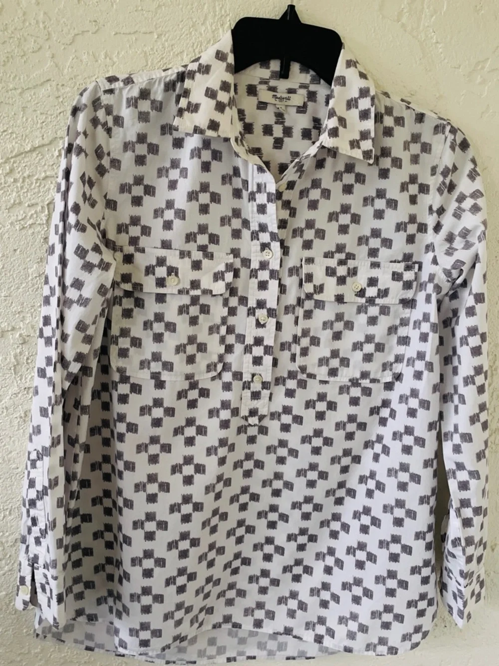 Madewell Women’s Size S Grey & White Geometric Print Long Sleeve Blouse. - Picture 2 of 8